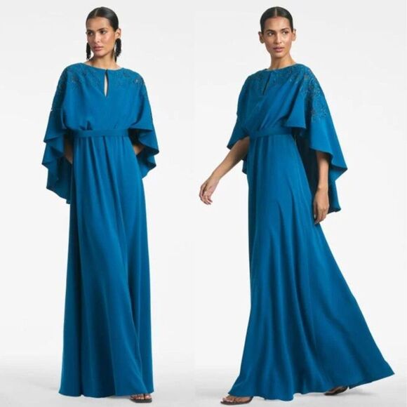 $1295 Sachin & Babi Womens Size 4 Wren Blue Moroccan Cape Gown Long Maxi Dress - Picture 1 of 4